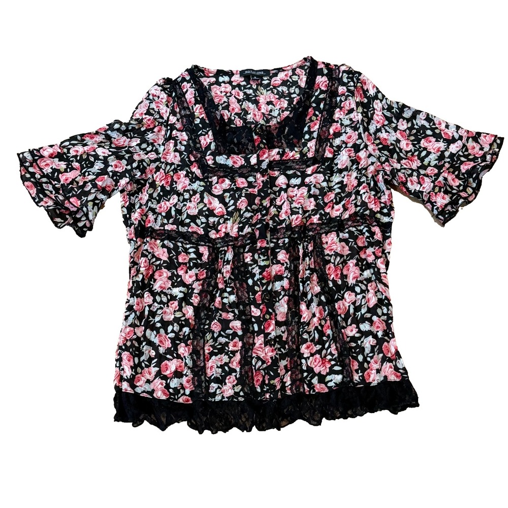 Vintage Y2K 90s Whimsigoth Fairy Grunge Lace Floral Romantic Babydoll Top Medium